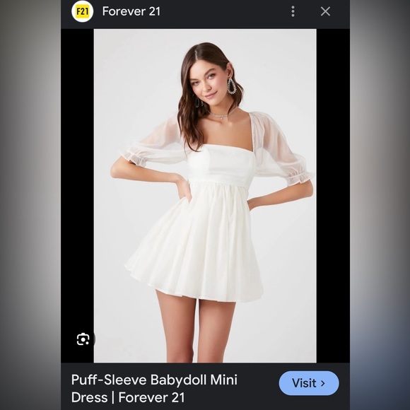 Cream/White Puff-Sleeve Babydoll Mini Dress Forever 21 - Picture 7 of 13